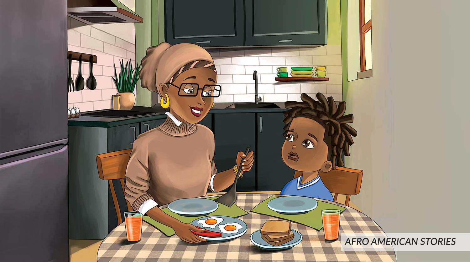 Afro American mother and son having Breakfast in dining room, mother feeding his son, juice, eggs and toasts on dinning table,