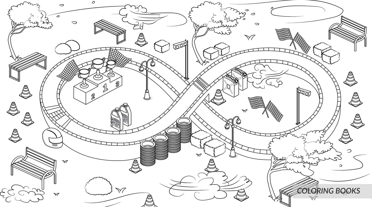 Line art of a car racing track, with tyres stacks on sides, benches and tree's also added
