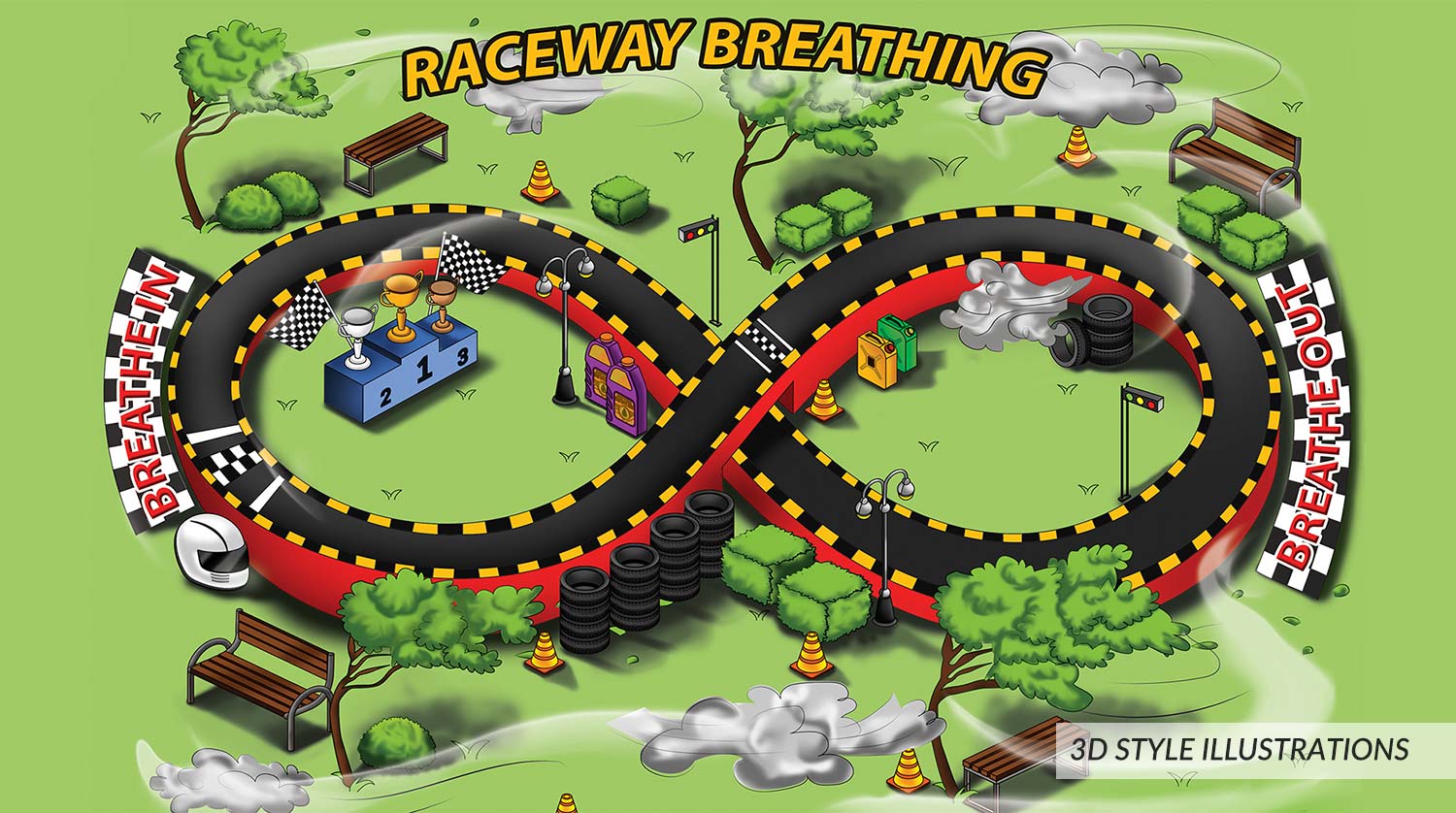 Coloured illustration of a car racing track, with tyres stacks on sides, benches and tree's also added