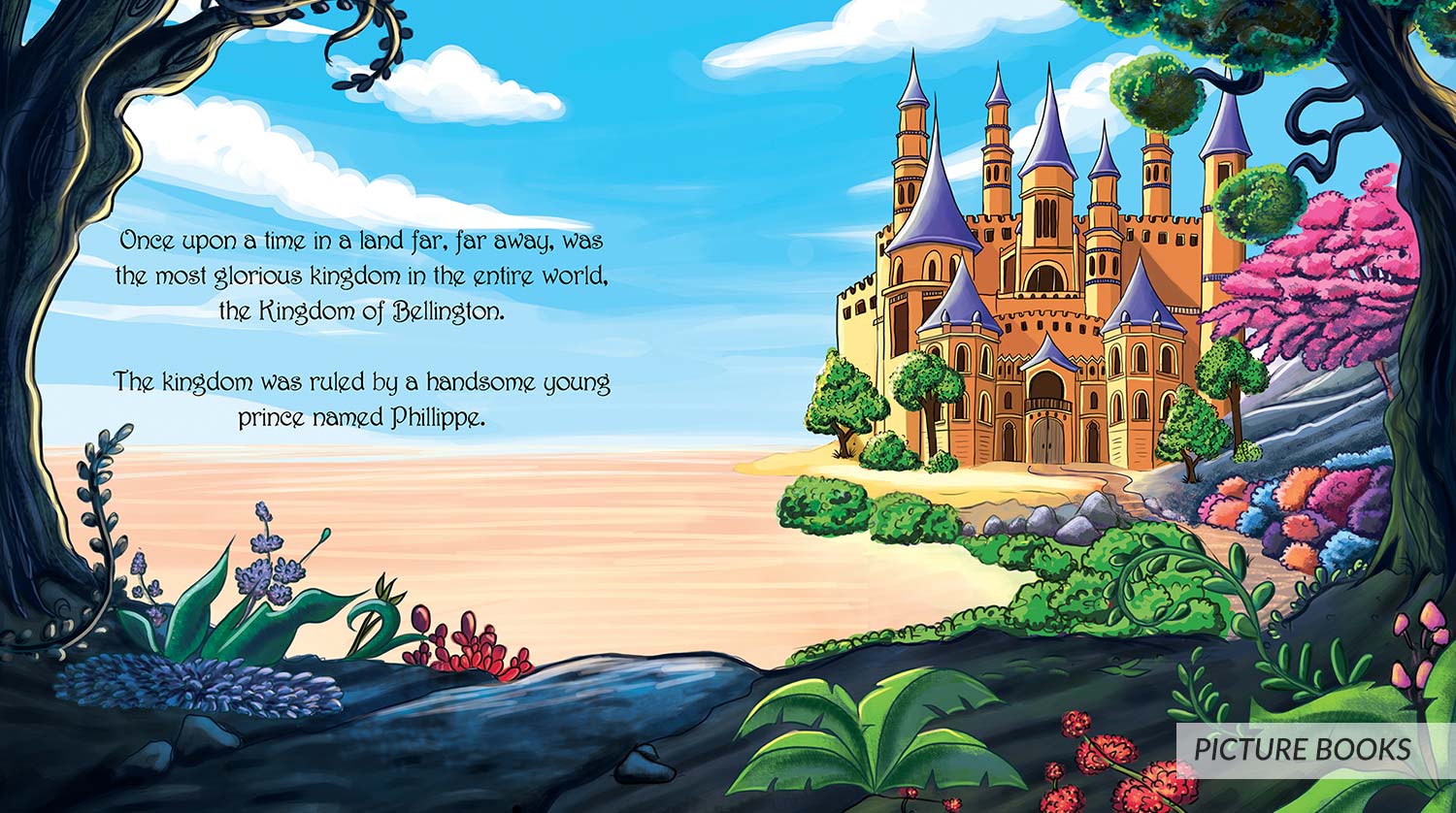 A digital drawn page of children book showing castle of prince with greenery and sky in background