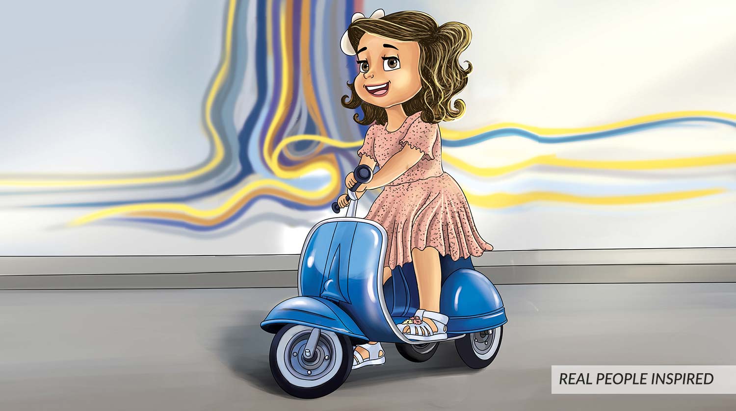 Digital painting of a little girl riding scotty/bike with abstract lines in background