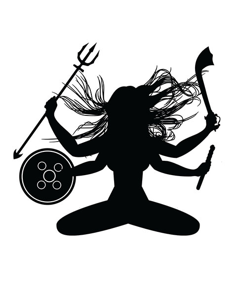 Silhouette of a lady with four arms holding different objects in yoga pose