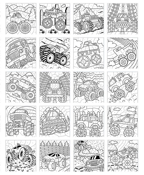 A colouring page with 20 boxes filled with monster trucks