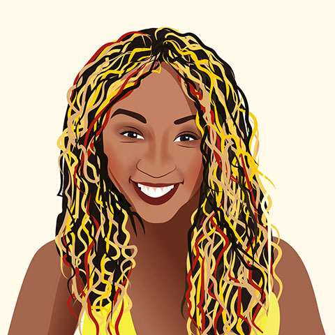 Vector illustrated head shot portrait of a Afro-American Girl with painted yellow and red long curly hairs with yellow top. broad smile and excited eyes