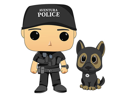 Vector illustration of a police office wearing aventura police hat with his Dog beside