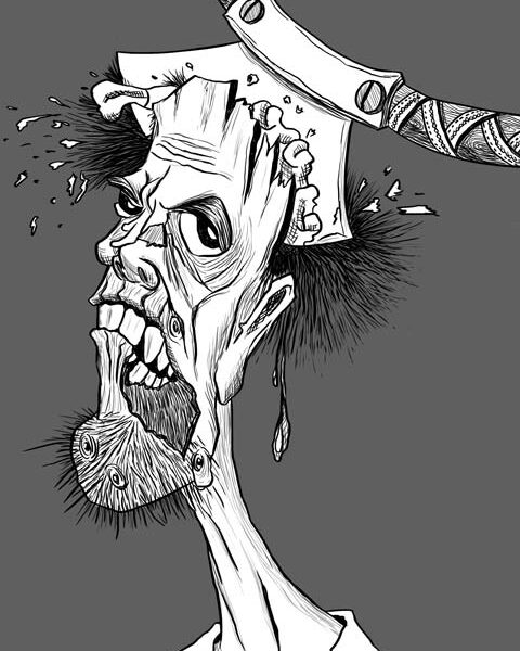 Digital Inking of a zombie character with open head axe in the skull and fungal face