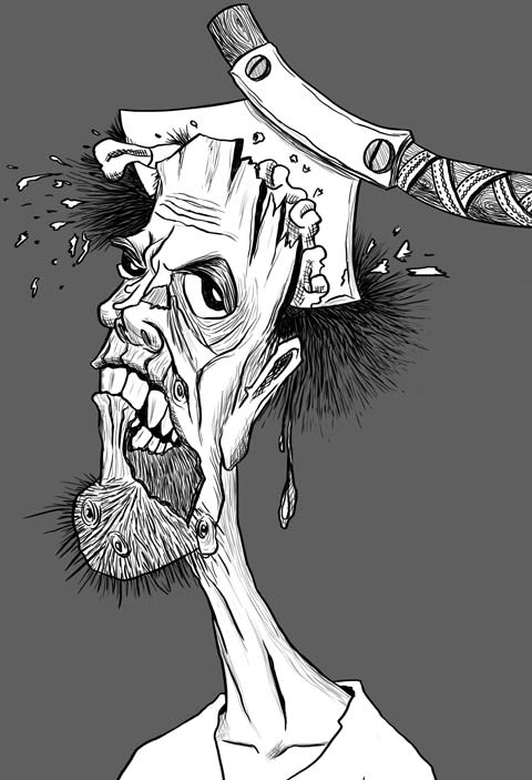 Digital Inking of a zombie character with open head axe in the skull and fungal face