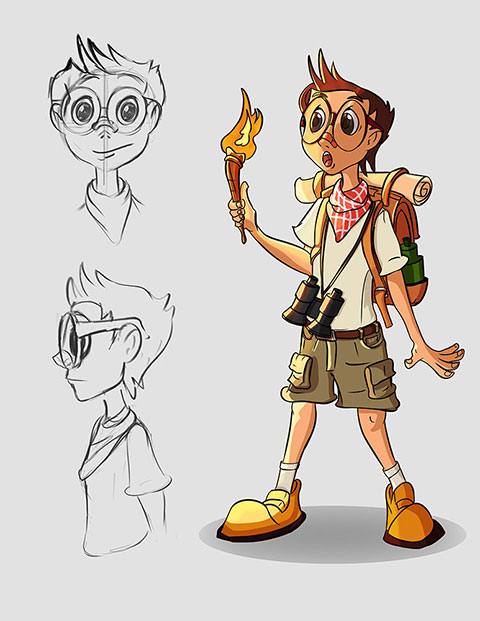 Digital painting of character design sheet of a young boy fan of indiana jones in search of treasure. wearing glasses and traveling bag which also hold a map. a wood torch in hand.