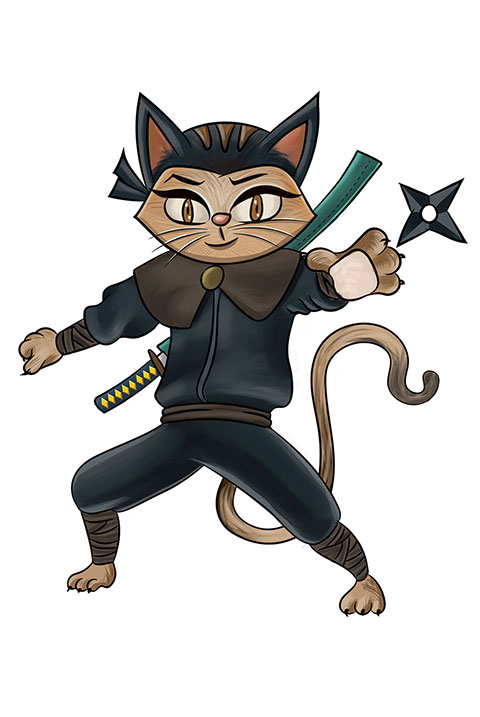 Digital art of a Ninja cat character in ninja costume with weapons