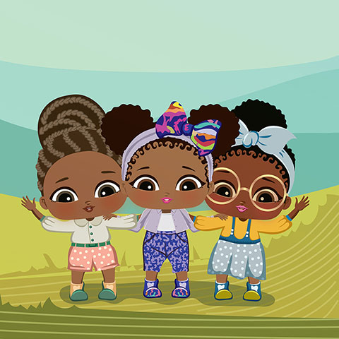 Vector illustration of three Afro American cute girls in front hurdle pose waving at us