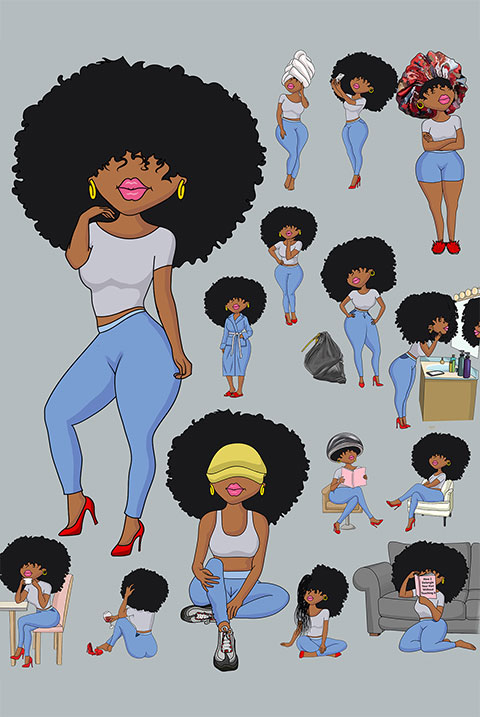 Character Design Sheet of a Afro-American Girl with de-tangle hairs wearing blue jeans and white top with different angle and poses
