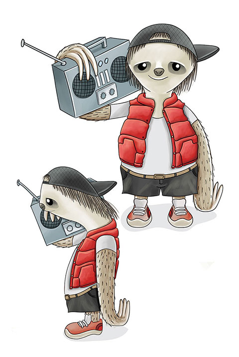 Digital illustration of a character design, Name hiphop sloth, front and side view with holdin Tape Recorder, wearing red upper, shorts and tilted p-cap