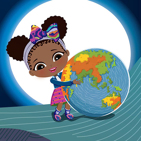 Vector art of a Little girl with curly hairs, Broad eyes holding a map Globe. Moon in back drop.