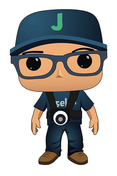 Vector Art of a paparazzi cameraman, wearing p-cap with letter J, sleeveless upper and camera