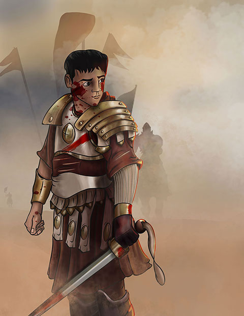 Digital painting of a warrior with sword standing, blood on face, hand, sword and clothes, cut on left arm, in background horse riders with flag coming toward him