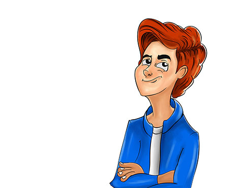 Digital paint of a character Nev The Naughty Thinker, Wearing blue coat, crossed arms and Naughty Smile