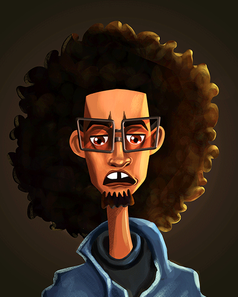A Digital painting, Head Shot of a Afro American Scientist, with long curled hairs and specs, wearing blue shirt Looking bit dumb and confuse