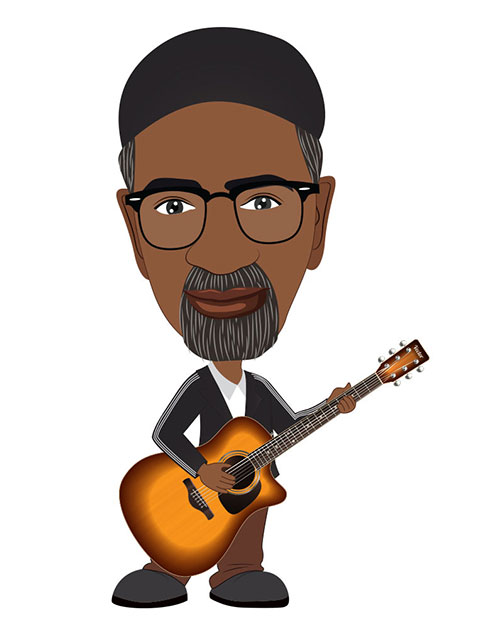 Chibi character design of a 40 plus age Afro American character holding guitar