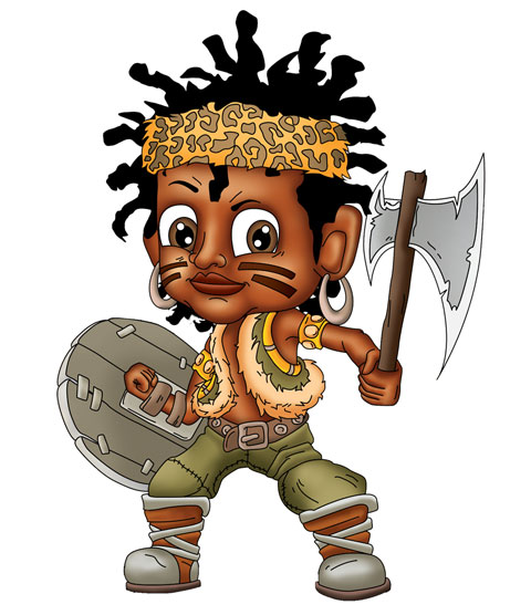 tribal warrior kid holding axe and shield