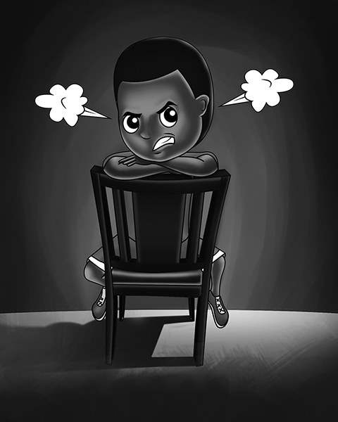 Digital monochrome of a Afro-American boy sitting on chairs in furious mode.