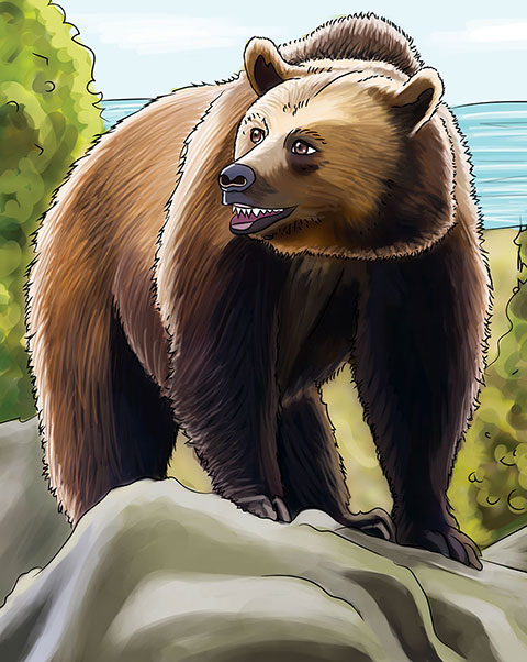digital painted bear standing on stones with jungle and river in backdrop