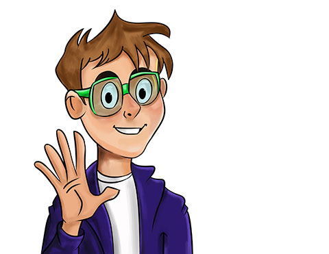 Digital illustration of character Zack from Frankenstein novel, Saying hi by waving hand, Wearing Glasses