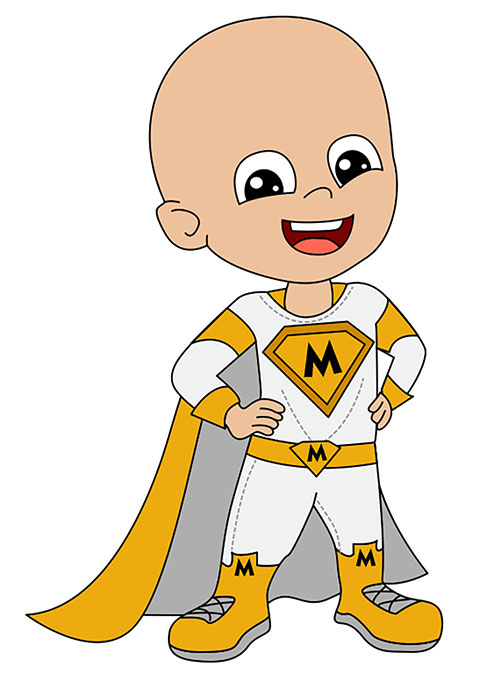Cute happy Bald super hero kid in white and gold costume