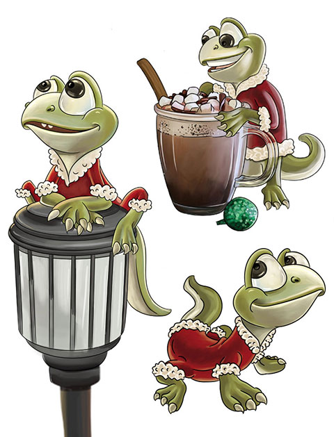 Character design sheet with different angles of Larry the lizard, poses Sitting on Lamp, with shake Glass,