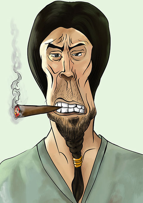 digital portrait of a Old man in bad mood Smoking and Grinding cigar in his teeth's