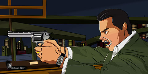 Digital illustration a Inspector with gun Aimed, Night scene with subtle car light on face, Yelling Hands up.