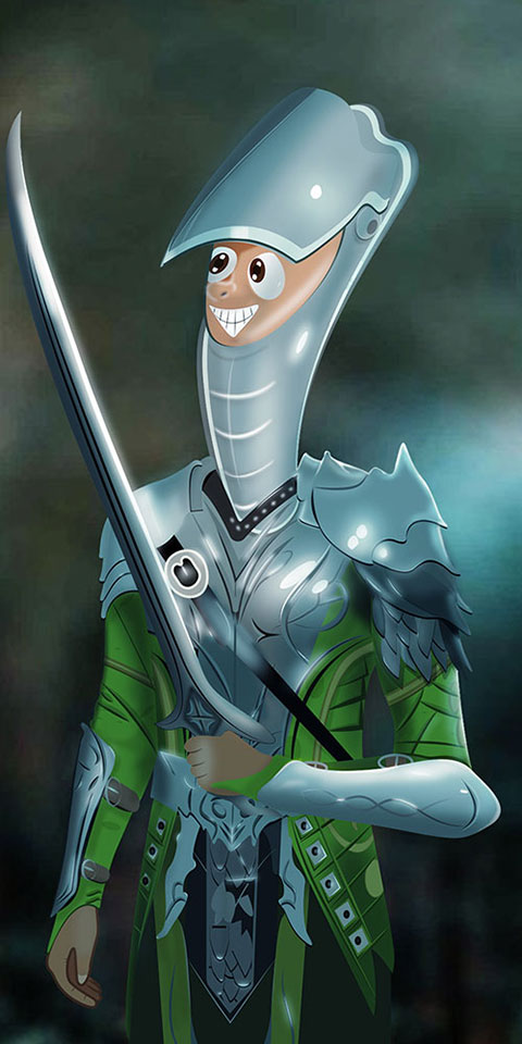 Cartoon style Warrior character boozed face wearing war dress and holding sword
