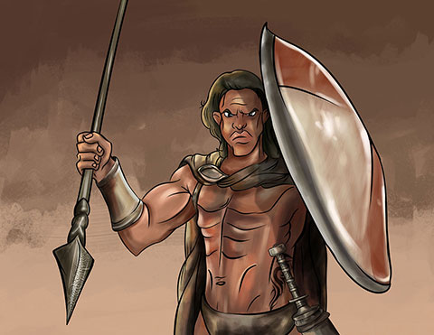 Digital paint of a ancient warrior, holding shield and spear, wearing a cape and sword, half body shot,