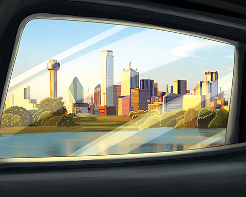 City skylines through car window Digital painting
