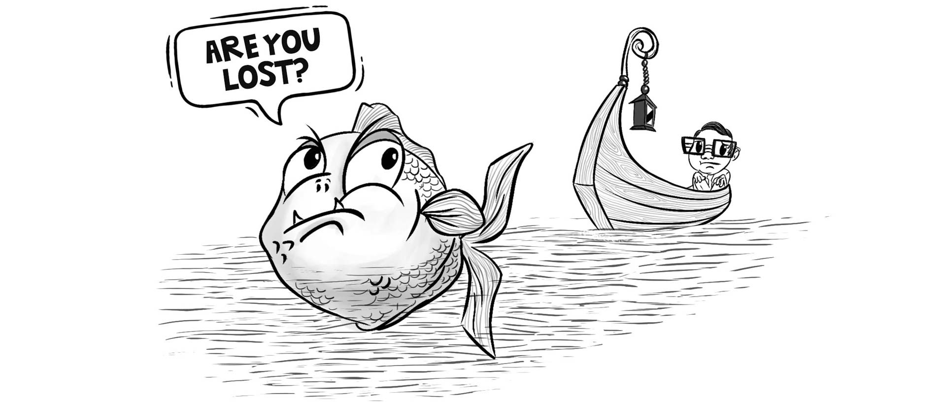 Error Page sketch of a lost boat man and a fish asking Are you Lost?